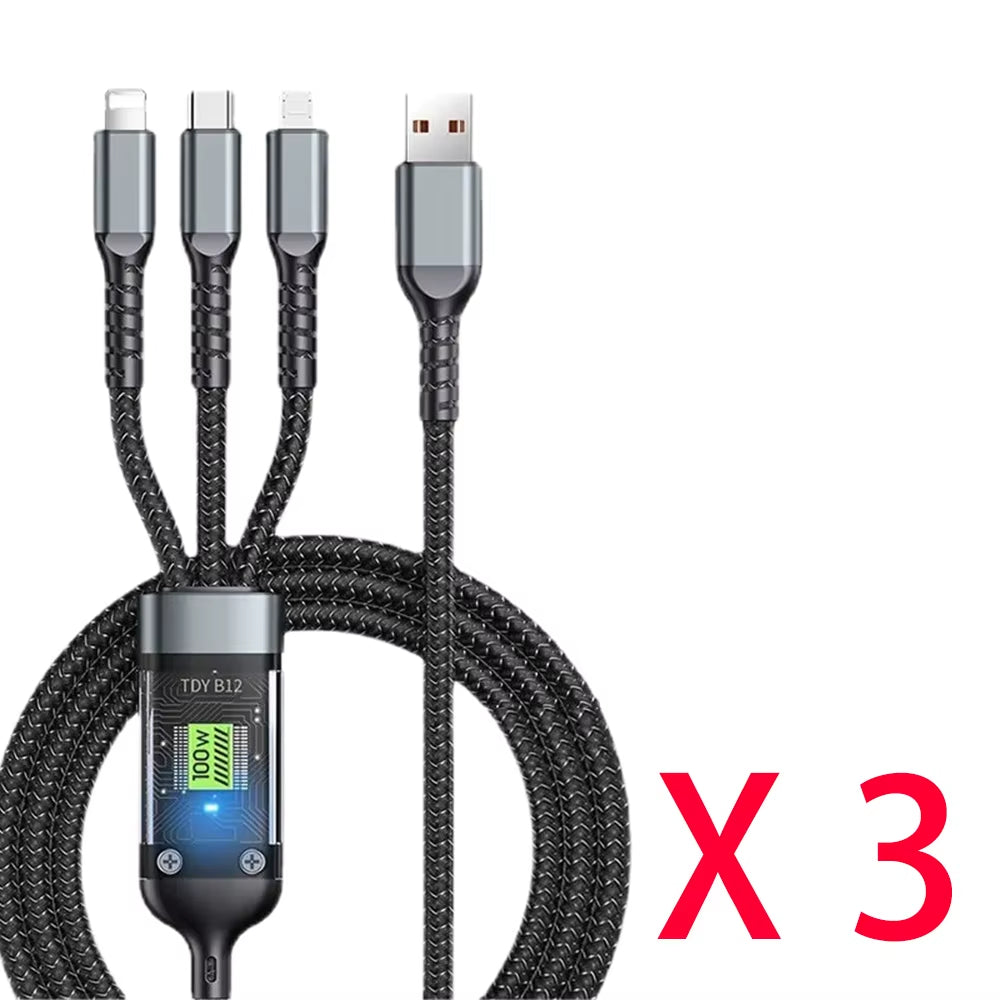 Ultimate 3-In-1 USB Fast Charger Cable - 100W 6A for iPhone, Samsung, Xiaomi & Huawei