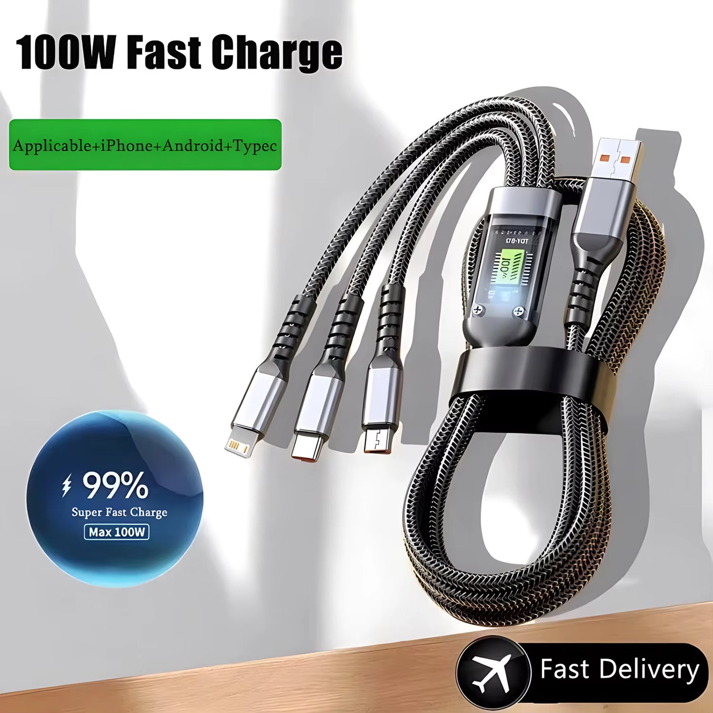 Ultimate 3-In-1 USB Fast Charger Cable - 100W 6A for iPhone, Samsung, Xiaomi & Huawei