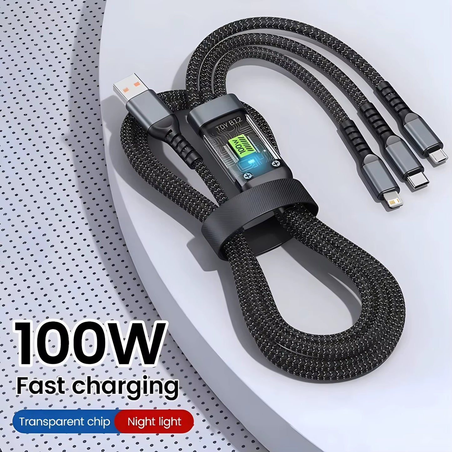 Ultimate 3-In-1 USB Fast Charger Cable - 100W 6A for iPhone, Samsung, Xiaomi & Huawei