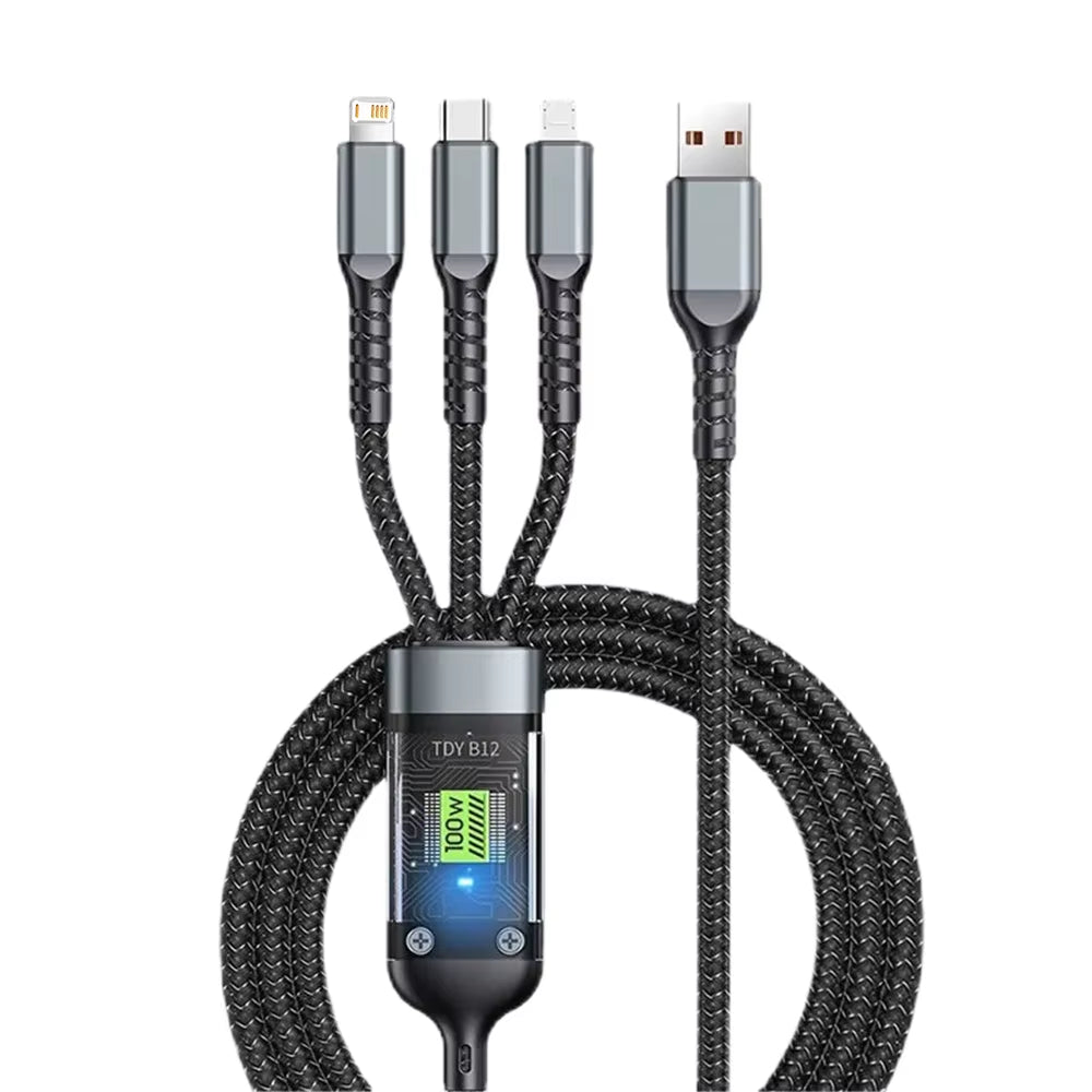 Ultimate 3-In-1 USB Fast Charger Cable - 100W 6A for iPhone, Samsung, Xiaomi & Huawei