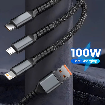 Ultimate 3-In-1 USB Fast Charger Cable - 100W 6A for iPhone, Samsung, Xiaomi & Huawei